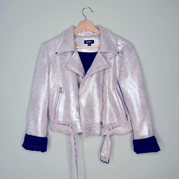 Lularoe RARE UNICORN Presley Moto Jacket Shimmer Purple Pink belt Medium great - Picture 1 of 7